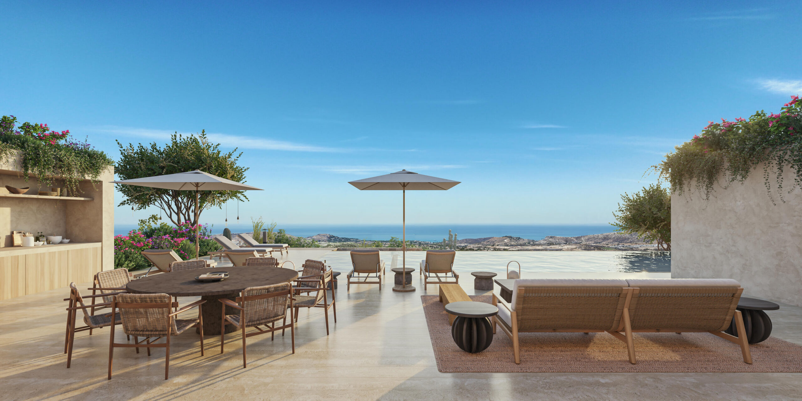 Querencia Section 18- Horizontes Welcome to Horizontes 3, an exquisite custom-made home located within San José del Cabo's most sought-after community, Querencia. Surrounded by Tom Fazio's signature golf course, recognized as one of the best in the country, this stunning residence is just a short golf cart ride from the prestigious 5-star Club House. This remarkable 6-bedroom, 6.5-bathroom home elevates luxury living with a fresh vision of architecture and design. The layout features a cozy family room, an expansive bunk bed bedroom on the lower level, and a spacious maid's quarters with an independent entrance, making it ideal for entertaining family and friends.The property boasts outdoor living spaces, including tranquil green areas, an outdoor kitchen, an infinity pool, a jacuzzi, and ocean and ravine for sale